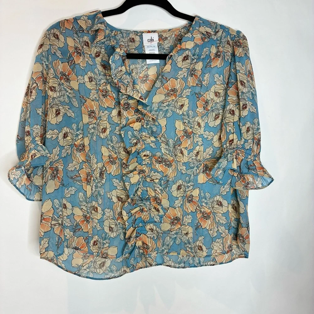 CAbi Blue Floral Ruffled Short-Sleeve Blouse - Picture 2 of 5